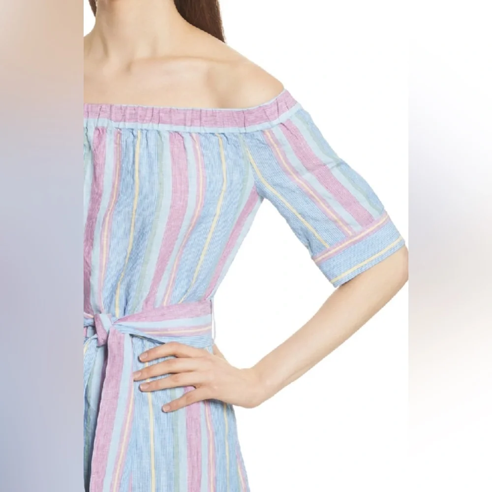 FRAME Women’s Off-Shoulder Striped Belted Linen Pastel Dress Size XS‎